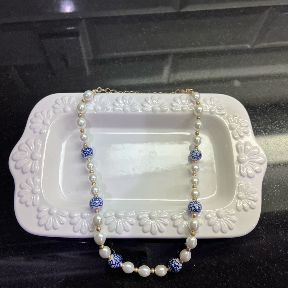 Blue & White Chinoiserie & Pearl Necklace